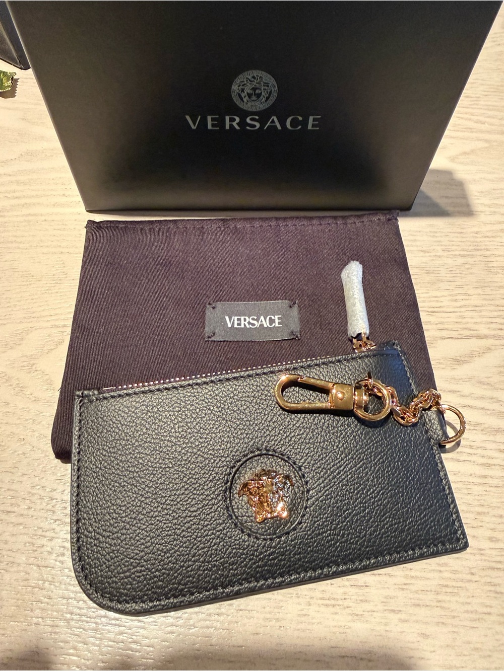 Versace Black Leather Card Case with Gold Medusa Accent